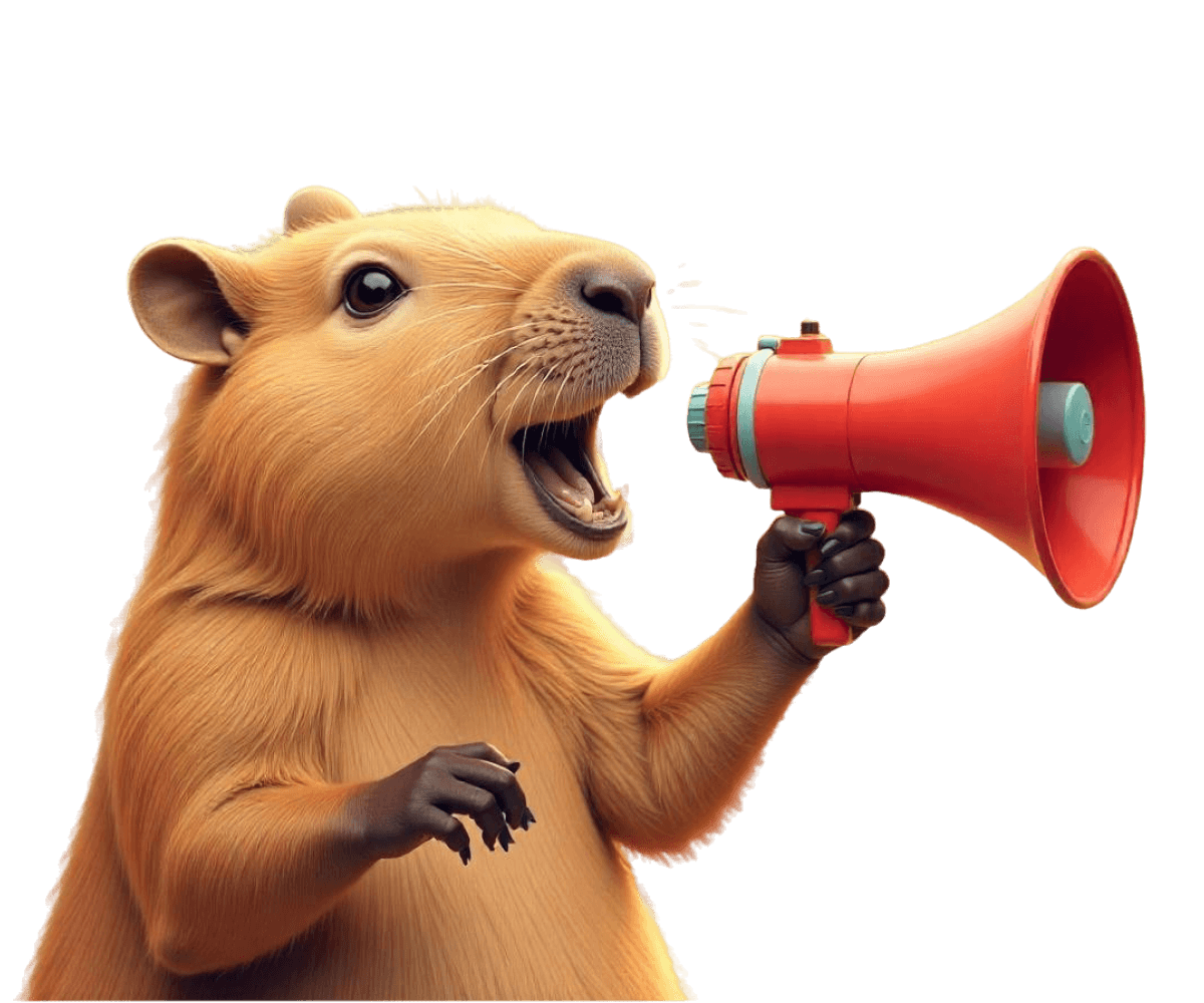 Capivara animada com megafone convidando para usar a IA no WhatsApp